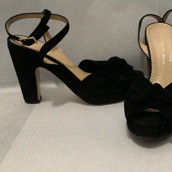 Charlotte Olympia Black Peep Toe Sandal Heels with Bows | Suede EU39 | US 8 - Picture 3 of 15